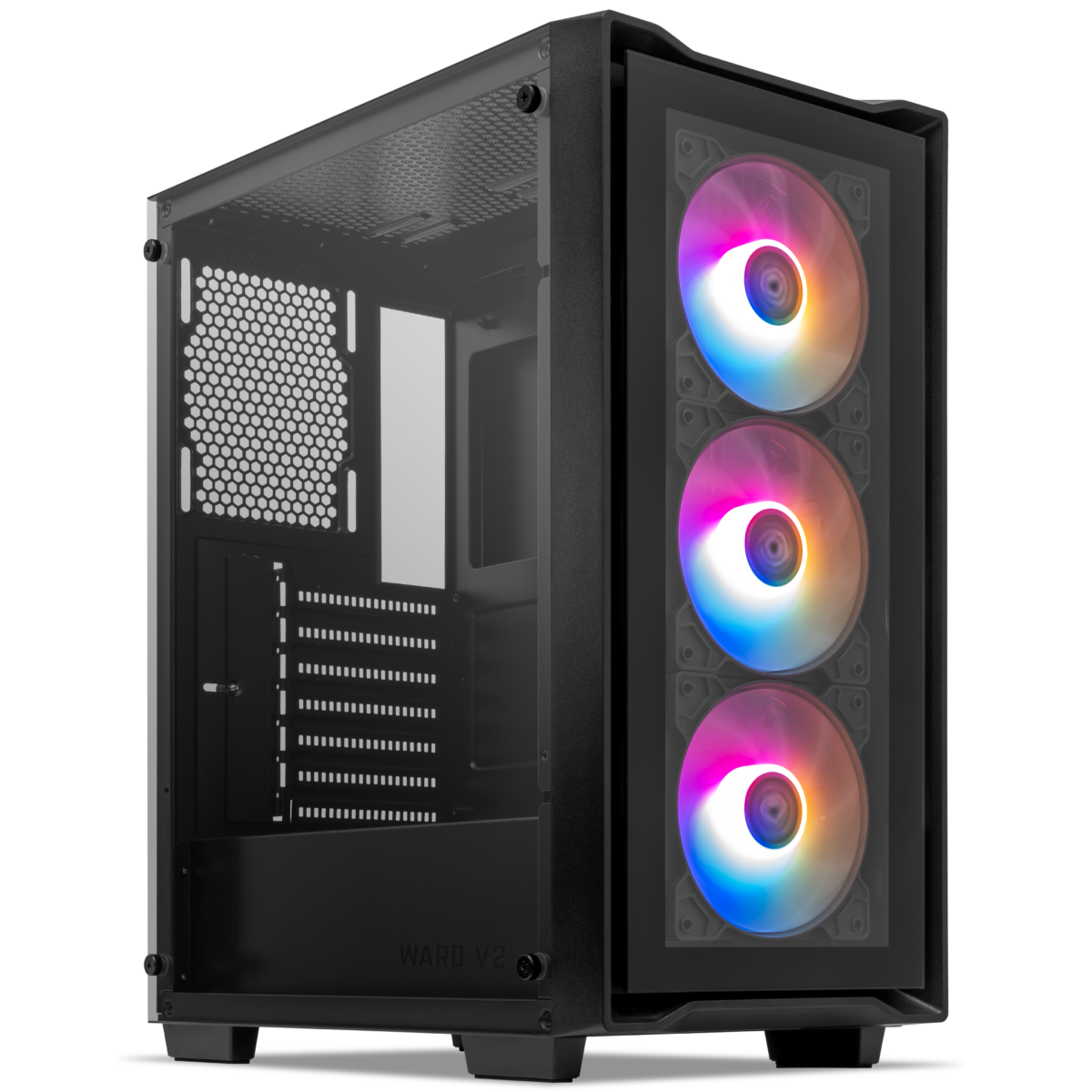 Gabinete Gamer Mancer Ward V2, Rainbow, Mid-Tower, Lateral De Vidro, Com 3 Fans, Preto