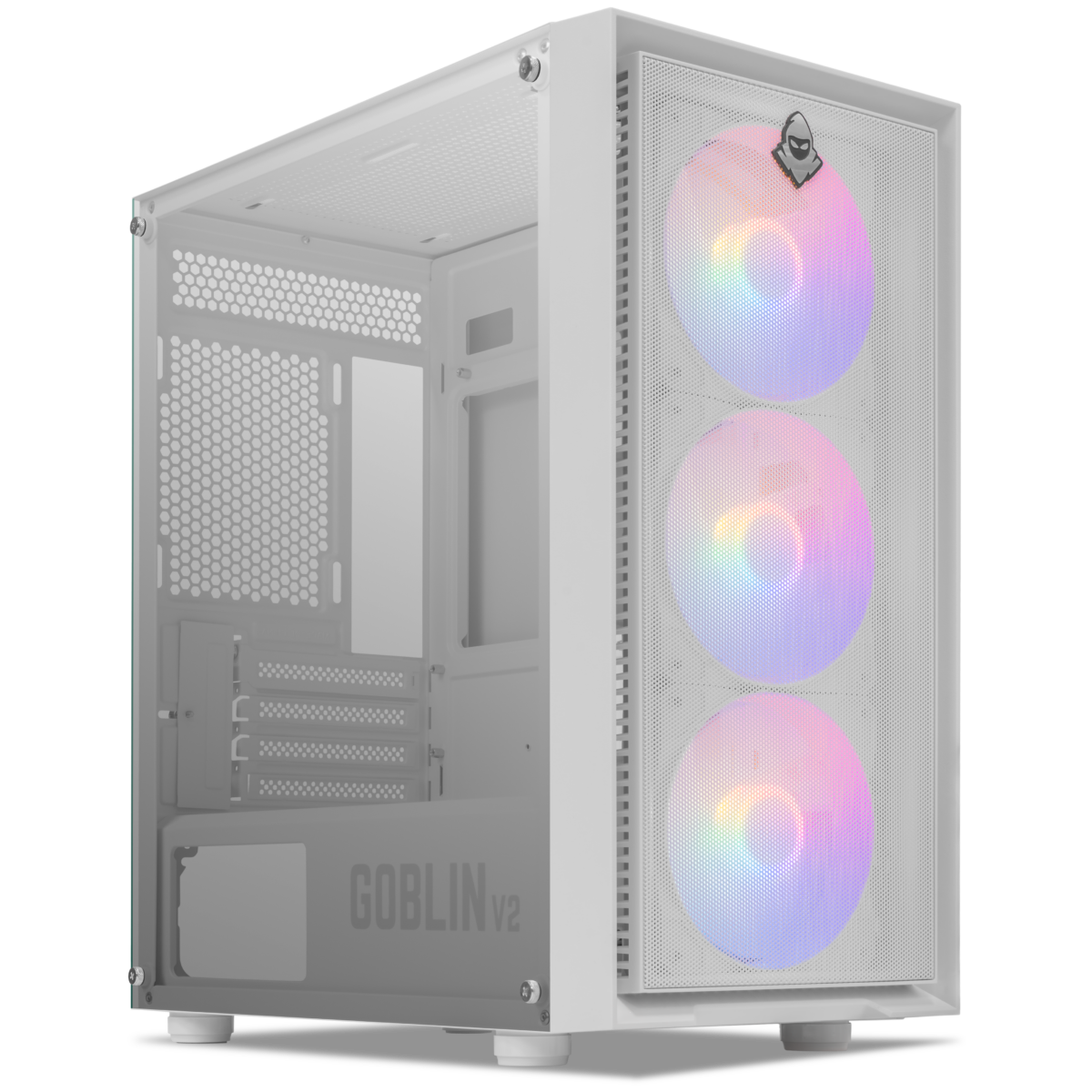 Gabinete Gamer Mancer Goblin V2, Mid Tower, Lateral De Vidro, Com 3 Fans Rainbow, Branco